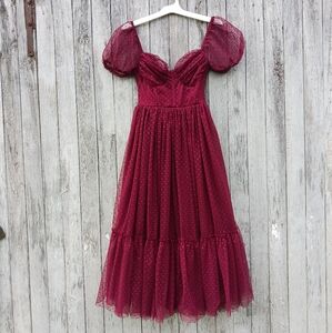 Lulus Women's Sweet Amor Tulle Swiss Dot Bustier Midi Dress Burgundy Sz Small